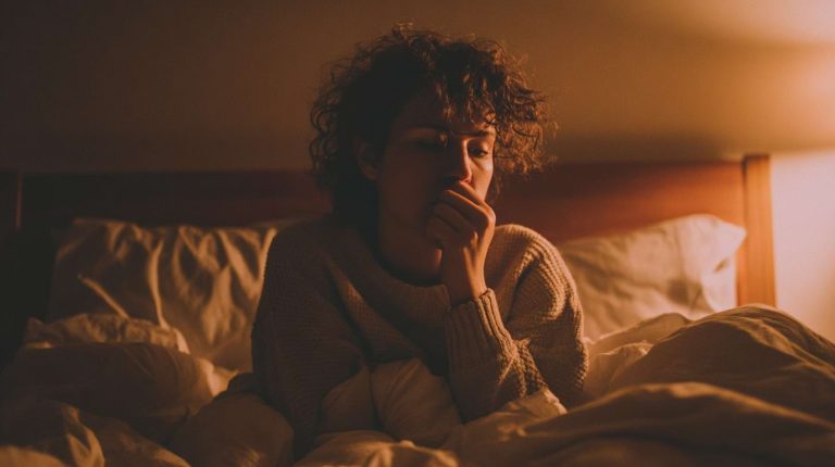 Personne assise dans son lit la nuit, toussant sous une lumière douce et chaude.