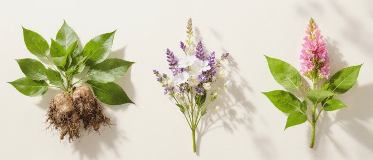 Trois plantes alignées sur fond clair : ashwagandha avec sa racine, un bouquet floral évoquant le bacopa, et une tige de rhodiola rosea.