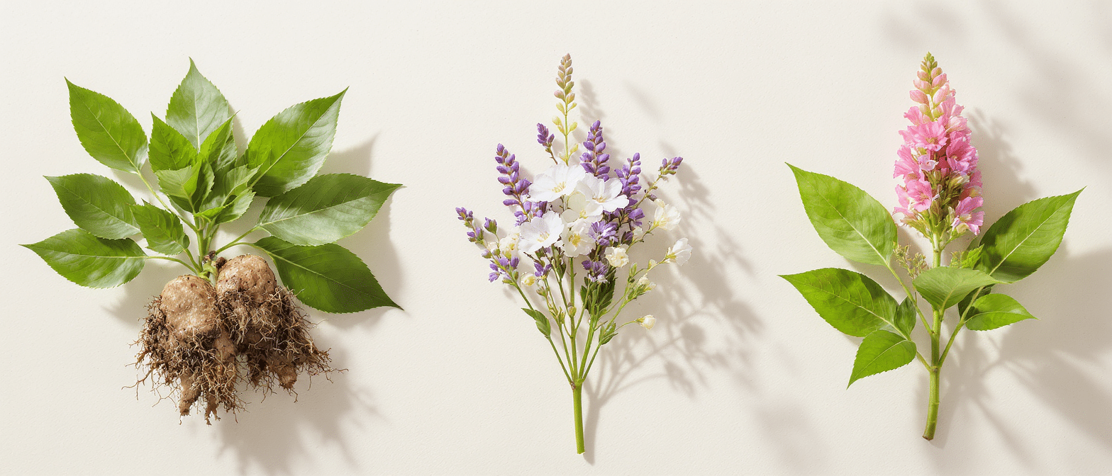 Trois plantes alignées sur fond clair : ashwagandha avec sa racine, un bouquet floral évoquant le bacopa, et une tige de rhodiola rosea.