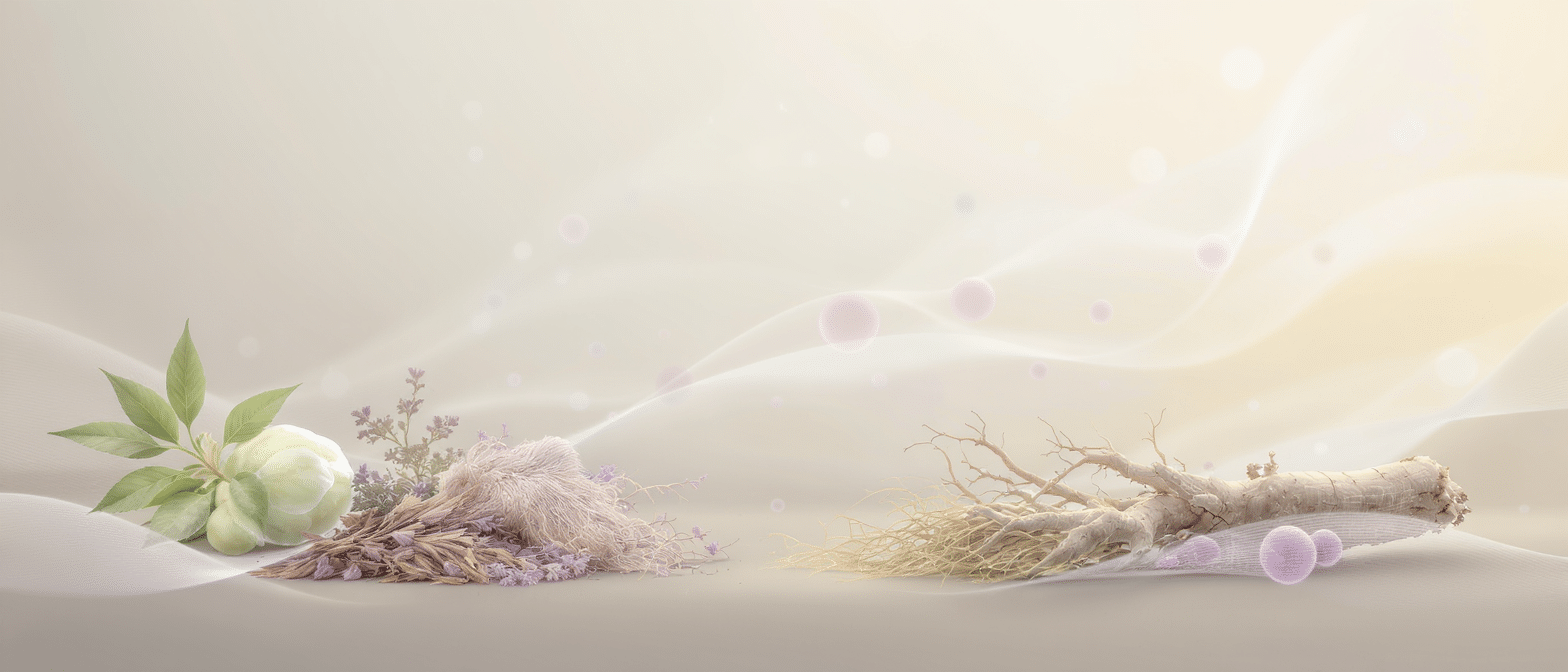 Illustration douce d’adaptogènes naturels avec plantes, racines et champignon Lion’s Mane sur fond lumineux et épuré.