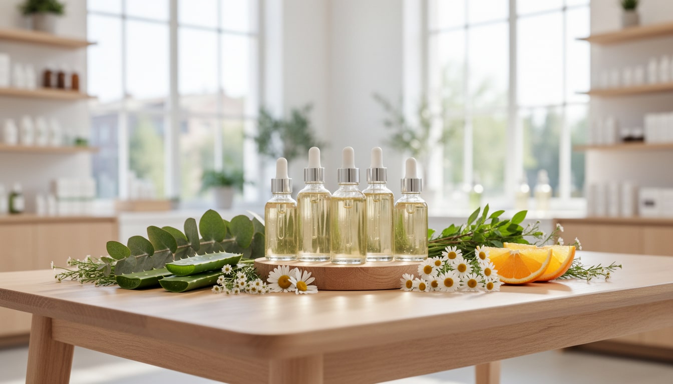 flacons-huiles-essentielles-naturel-orange-camomille Flacons d’huiles naturelles posés sur une table, entourés de plantes, de camomille, d’aloe vera et de tranches d’orange.