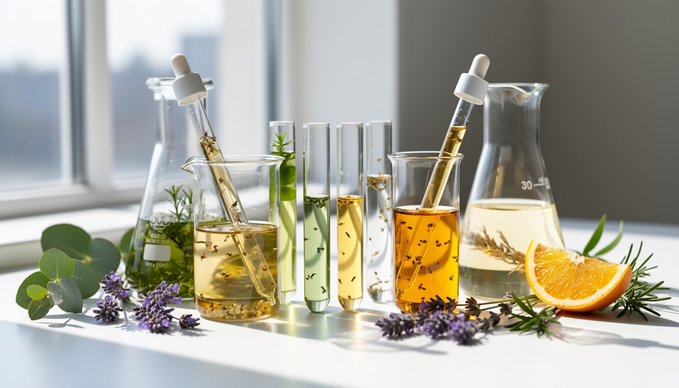 laboratoire-huiles-infusions-plantes-orange-lavande Préparations liquides colorées dans des béchers et éprouvettes, avec plantes, lavande et orange posées autour.