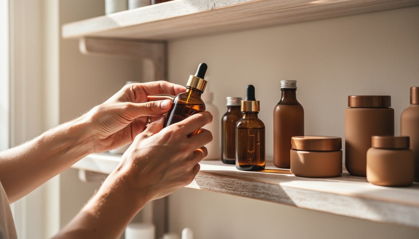 selection-flacon-ambre-cosmetiques-etagere Mains prenant un flacon ambré sur une étagère remplie de bouteilles et pots cosmétiques.