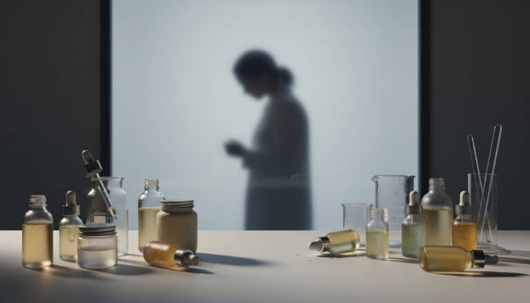 Flacons de cosmétiques et d’huiles en laboratoire, avec une silhouette floue au second plan derrière une paroi translucide.