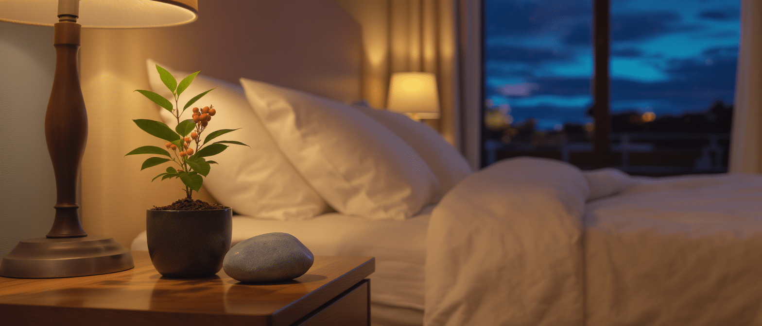 Table de chevet avec petite plante, pierre décorative et lit éclairé par une lumière douce en soirée.