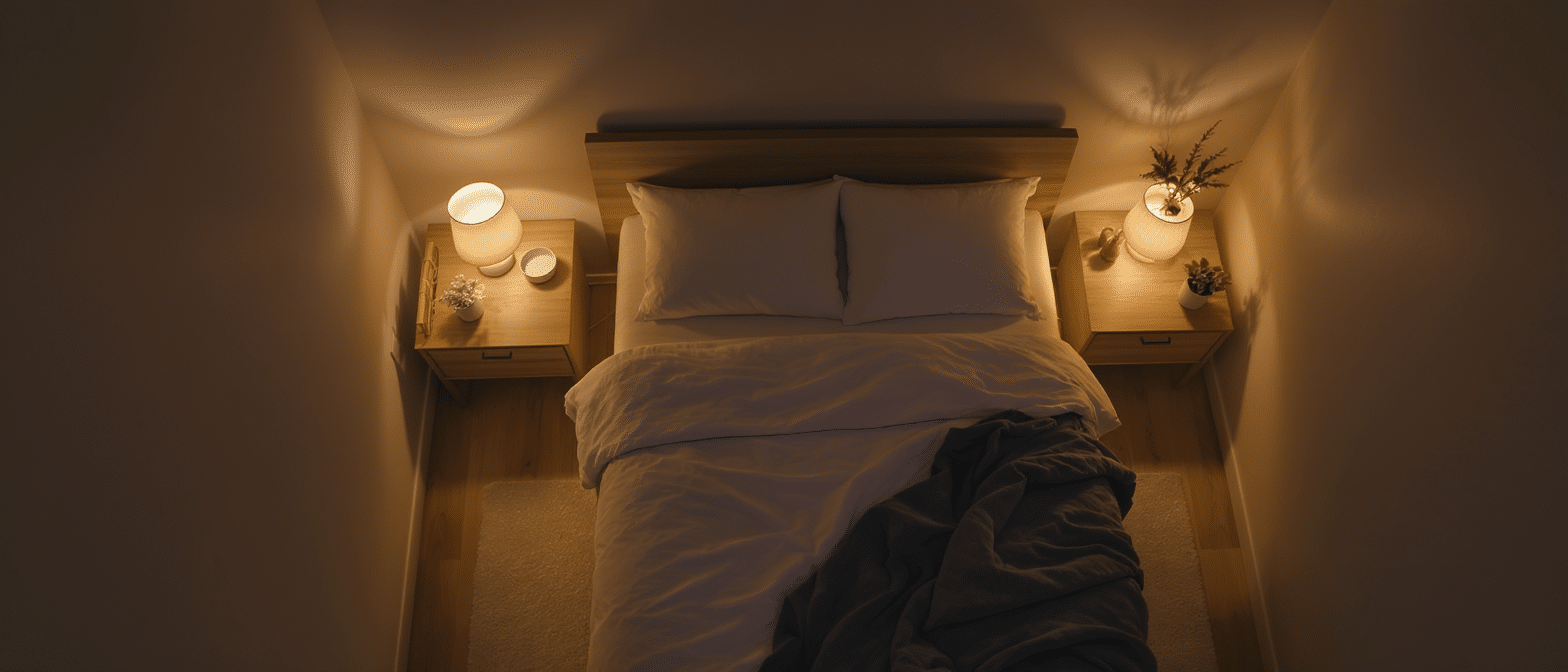 chambre-minimale-lumiere-douce-nuit Chambre minimaliste vue du dessus avec éclairage doux sur les tables de nuit.
