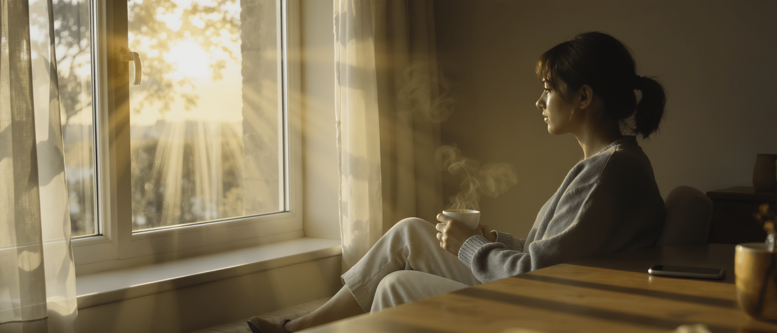 exposition-lumiere-matin-biohacking-sommeil Femme assise près d’une fenêtre, prenant une boisson chaude au soleil du matin.