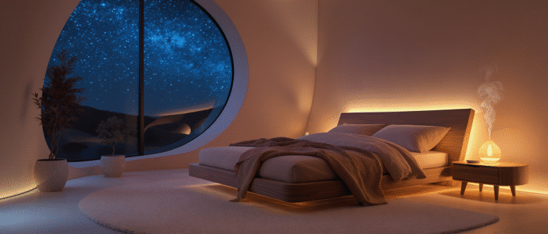 Chambre minimaliste avec lumière chaude et grande fenêtre donnant sur un ciel étoilé.