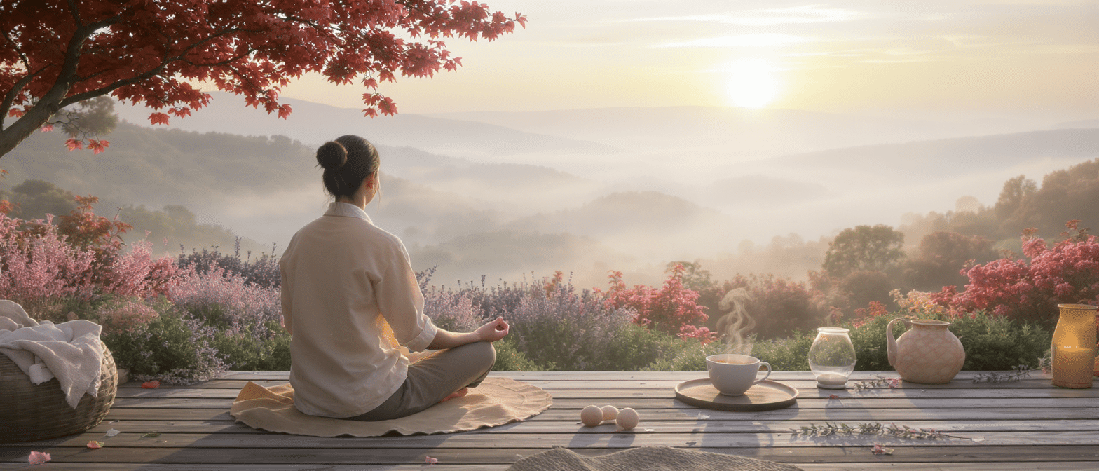 Personne méditant face au lever du soleil dans un paysage brumeux et apaisant