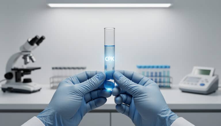 Tube d’analyse contenant un liquide bleu marqué « CPK », tenu par des gants en laboratoire.