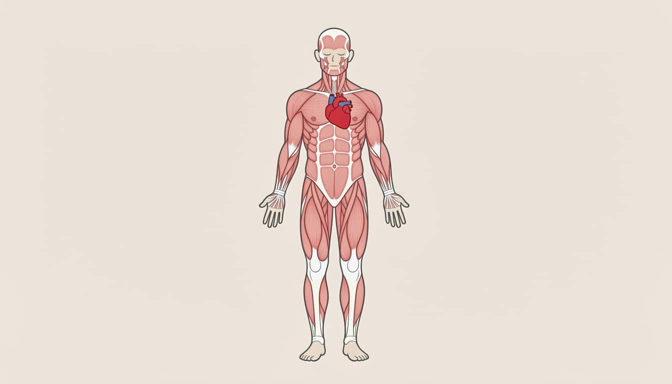 schema-localisation-cpk-muscles-coeur Schéma du corps humain montrant les muscles et le cœur, principaux organes liés à la CPK.