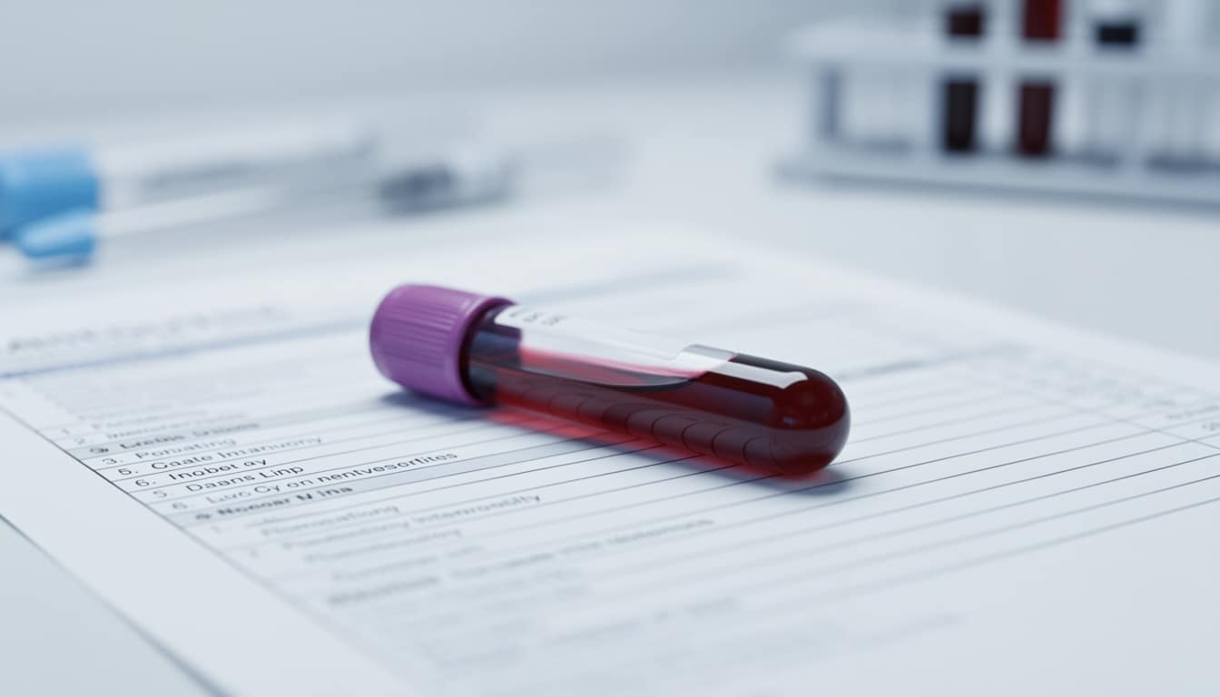 tube-sang-analyse-laboratoire-cpk Tube de sang sur une feuille d’analyse médicale, en laboratoire.