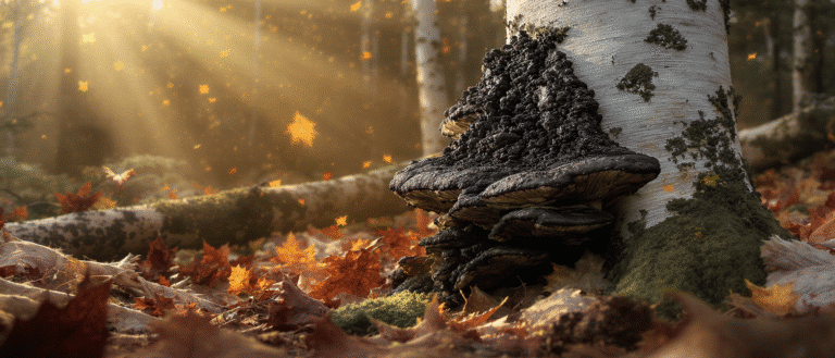 Champignon chaga sur un tronc de bouleau dans une forêt d’automne, éclairée par des rayons de soleil.