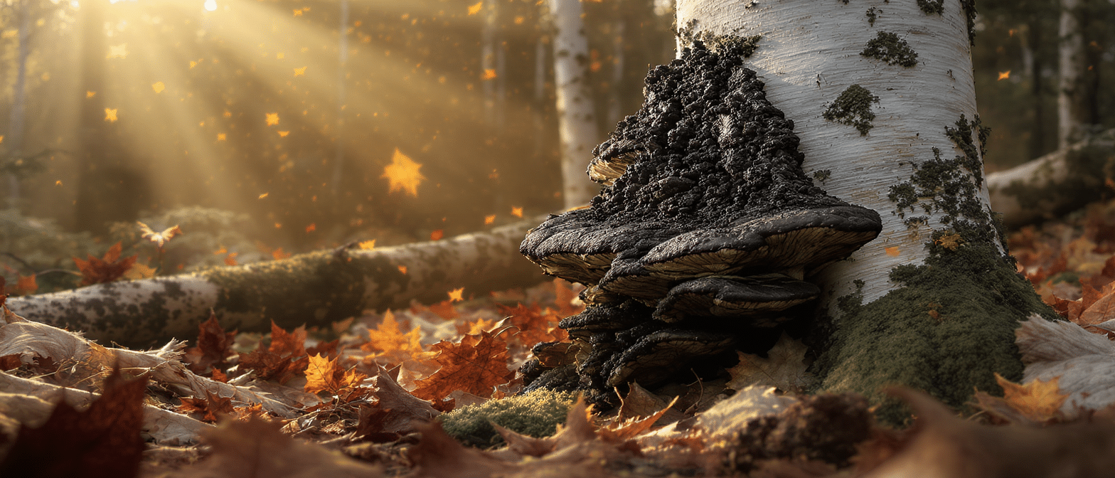 Champignon chaga sur un tronc de bouleau dans une forêt d’automne, éclairée par des rayons de soleil.