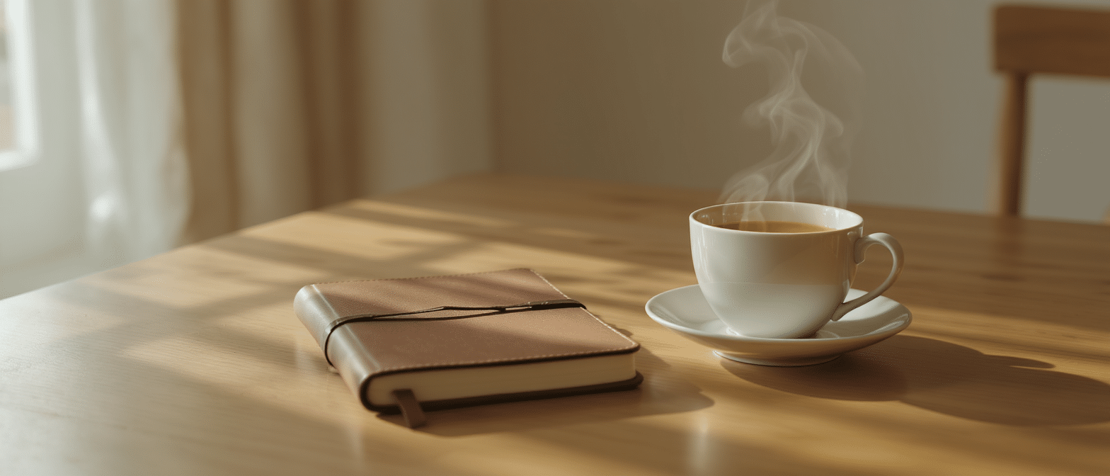 Tasse de thé fumant posée sur une table en bois à côté d’un carnet fermé, dans une lumière douce du matin.