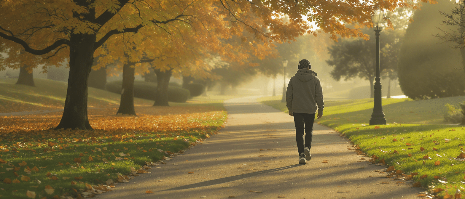 Personne marchant seule dans un parc aux couleurs d’automne, sous une lumière douce du matin.