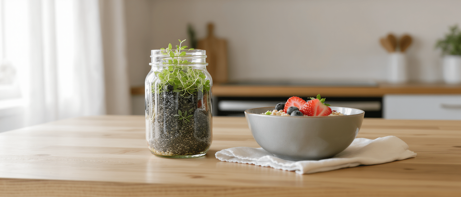bocal de graines de chia en germination et bol de petit-déjeuner aux fruits frais sur une table en bois