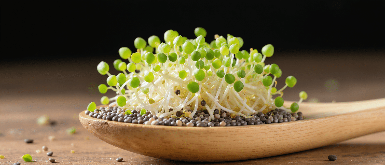 gros plan sur des graines de chia germées posées sur une cuillère en bois