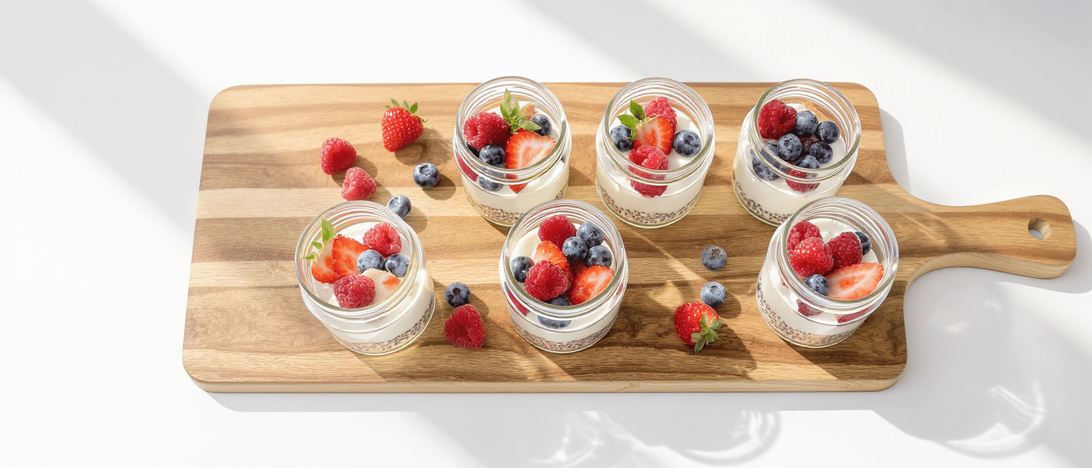 verrines de pudding aux graines de chia et fruits rouges sur planche en bois
