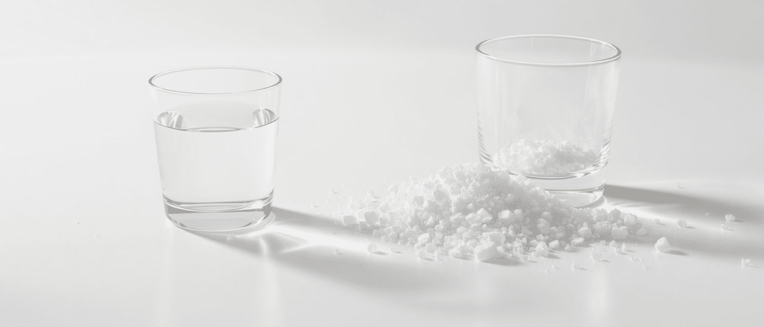 Deux verres transparents et des cristaux de chlorure de magnésium sur une surface blanche, lumière naturelle.