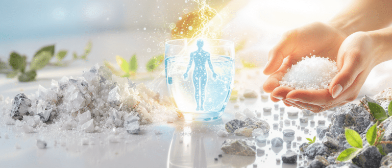 Cristaux de chlorure de magnésium autour d’un verre d’eau illuminé représentant un corps humain énergétique.