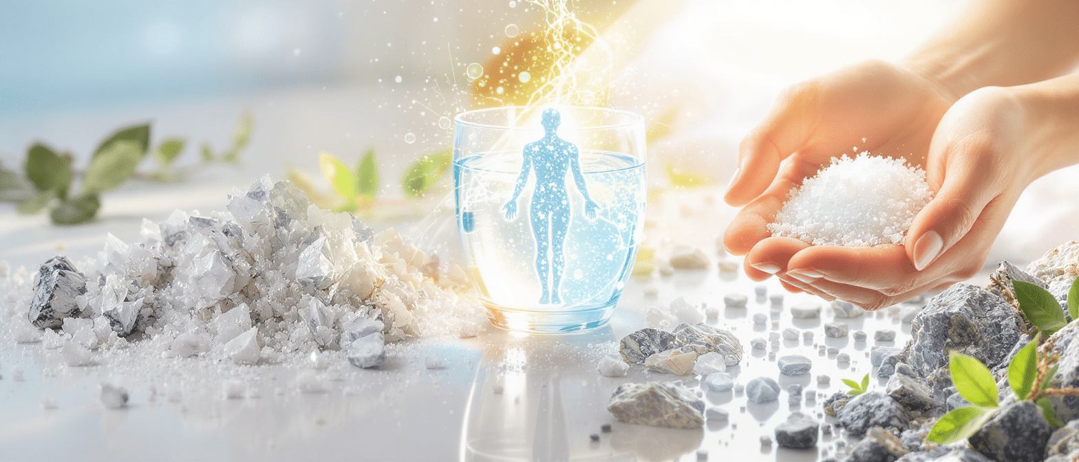 Cristaux de chlorure de magnésium autour d’un verre d’eau illuminé représentant un corps humain énergétique.