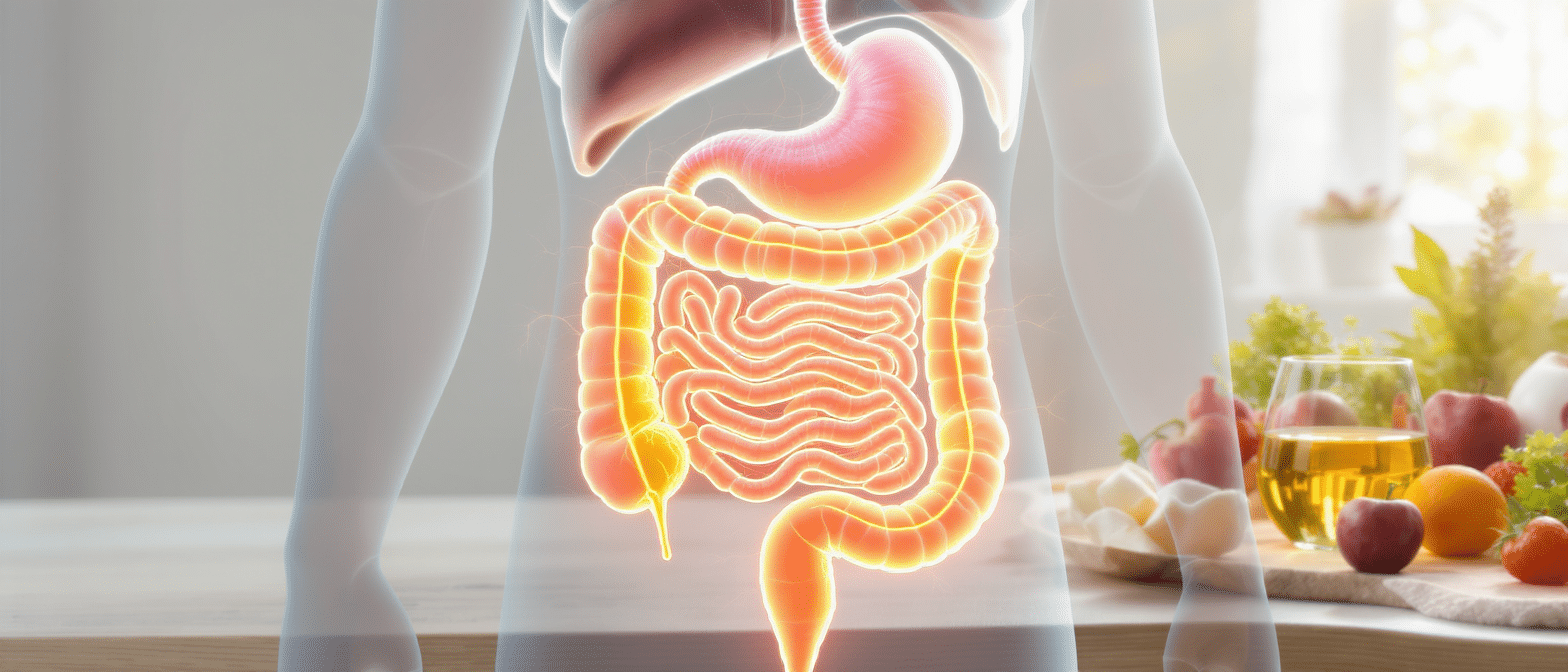 Illustration du système digestif humain avec estomac et intestins mis en évidence, symbolisant le transit et la digestion naturelle.