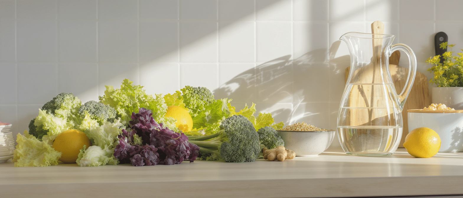 alimentation-detox-legumes-hydratation Légumes verts, citron et pichet d’eau sur un plan de travail, symbolisant une alimentation détox et l’hydratation naturelle.