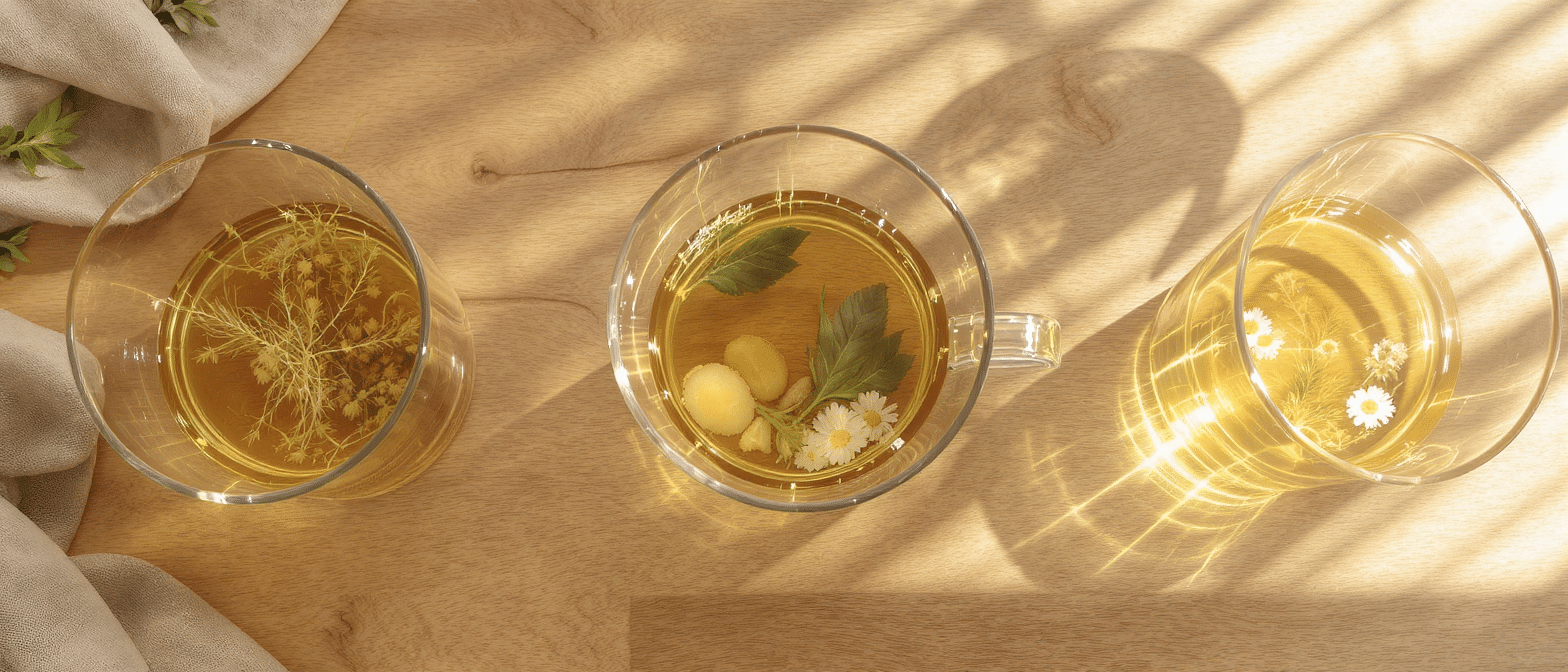 tisanes-digestives-camomille-fenouil-gingembre Trois tisanes naturelles Ă base de camomille, gingembre et fenouil vues de dessus sur une table en bois.