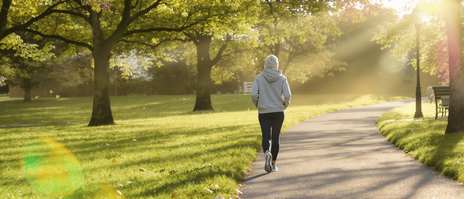 marche-legere-parc-bien-etre-digestion Personne marchant dans un parc au lever du soleil, illustrant l’activité douce bénéfique pour la digestion et le bien-être.