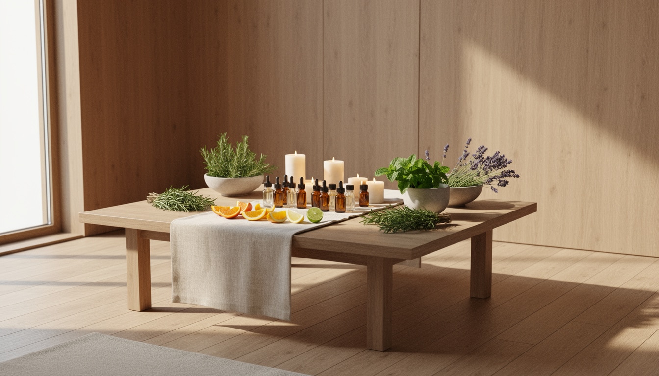 Table en bois avec huiles essentielles, agrumes coupés, herbes fraîches et bougies dans une ambiance naturelle et épurée.