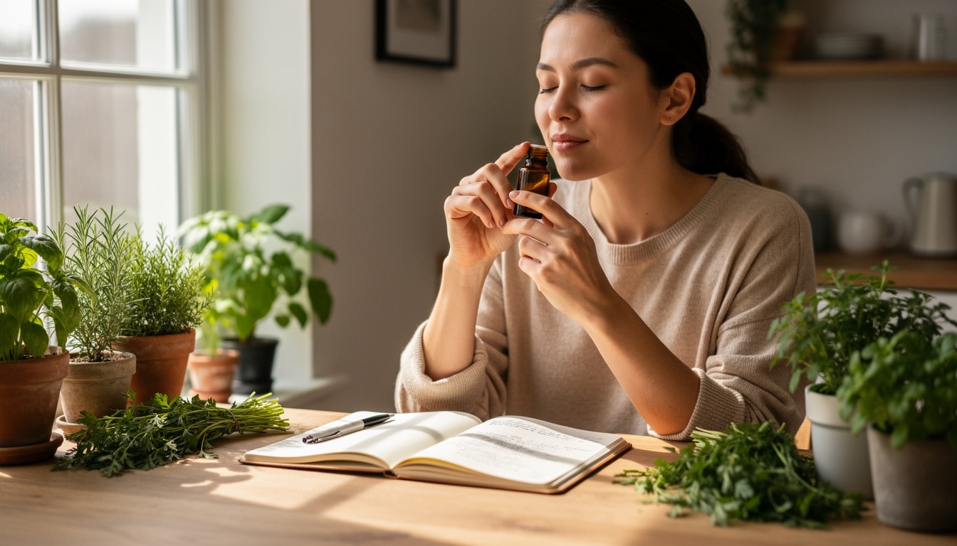 Femme sentant un flacon d’huile essentielle à une table entourée de plantes aromatiques, avec un carnet ouvert devant elle.