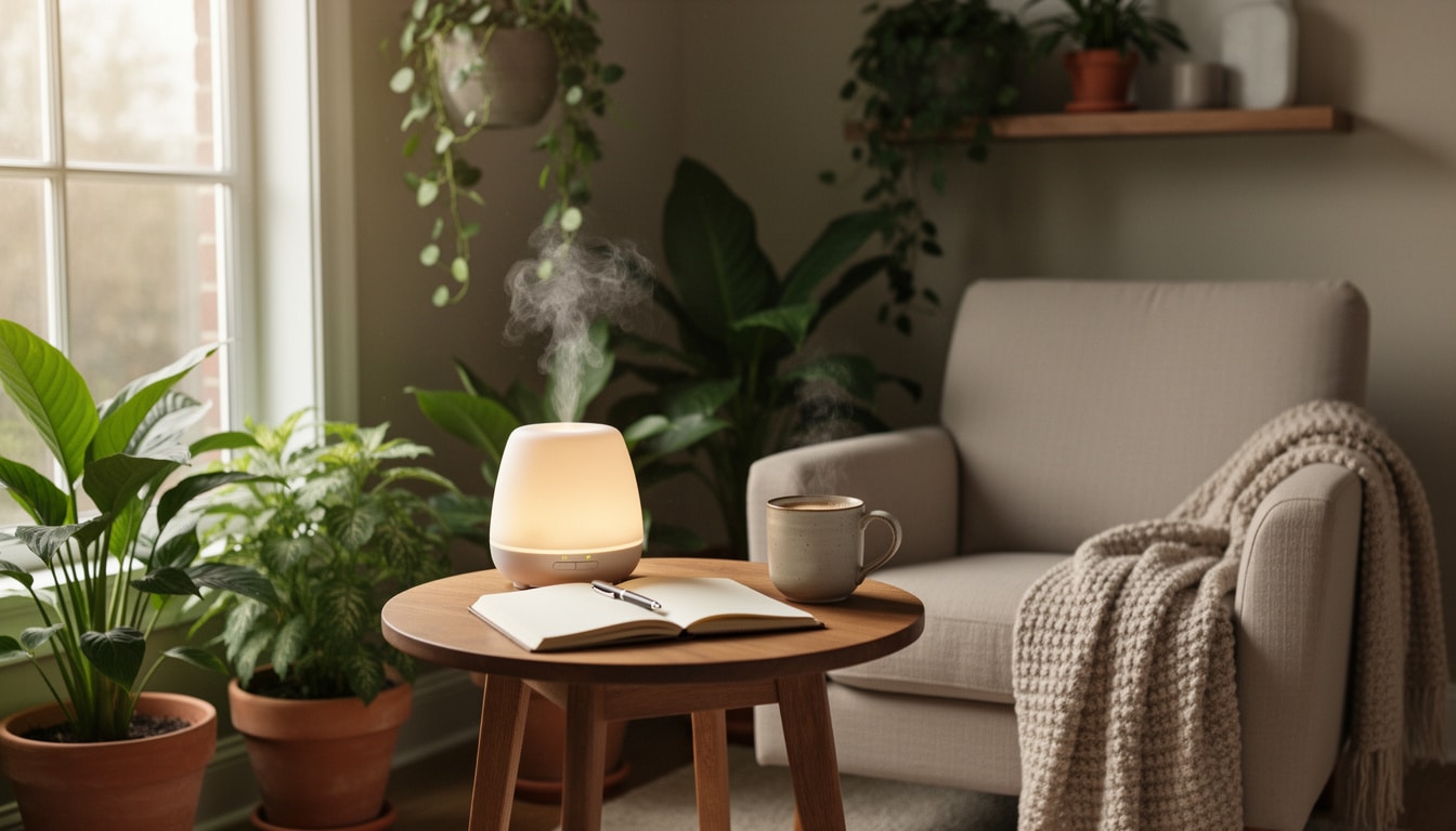Diffuseur d’huiles essentielles allumé sur une petite table, entouré de plantes, d’un carnet et d’une tasse chaude dans un coin détente.