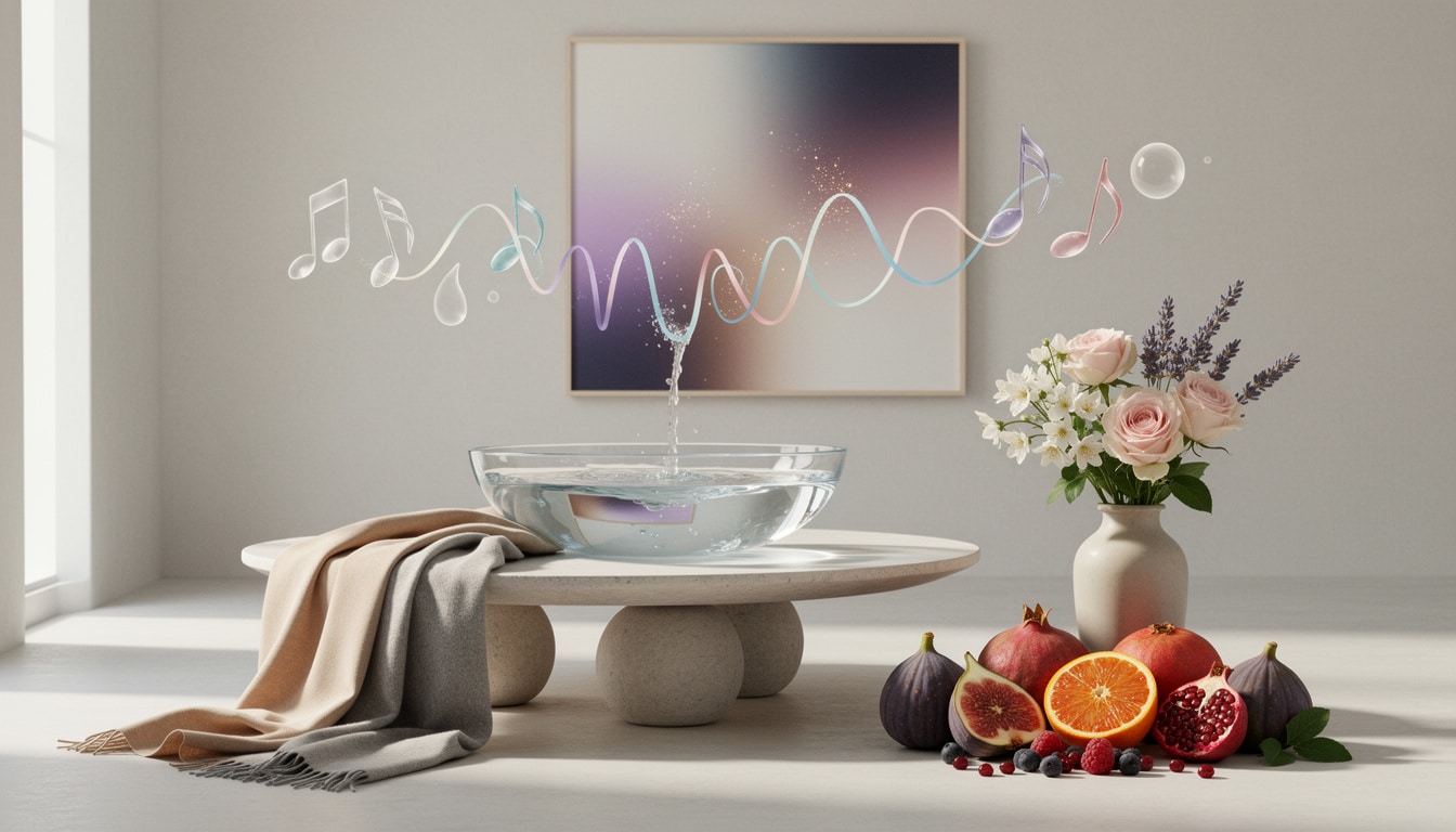 Table basse avec un bol d’eau, des notes musicales flottantes, un bouquet de fleurs et des fruits coupés dans une ambiance bien-être.