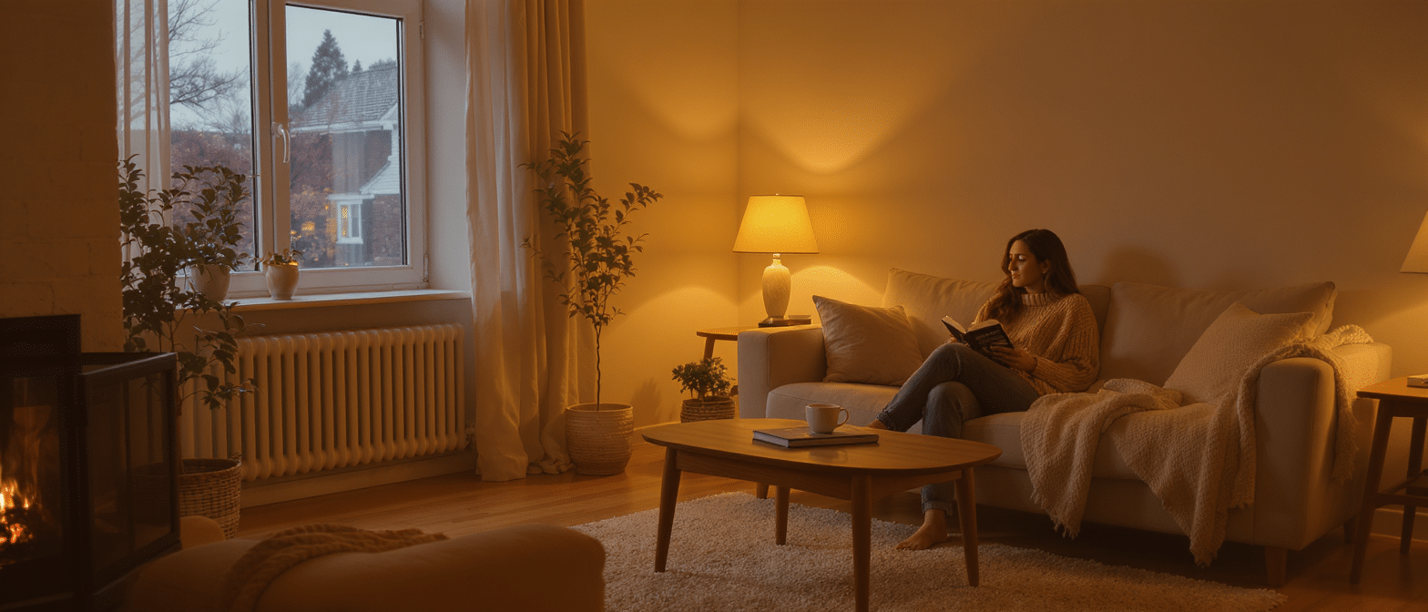 rituel-soir-lumiere-chaude-lecture Femme lisant dans un salon éclairé par une lumière chaude en fin de journée.