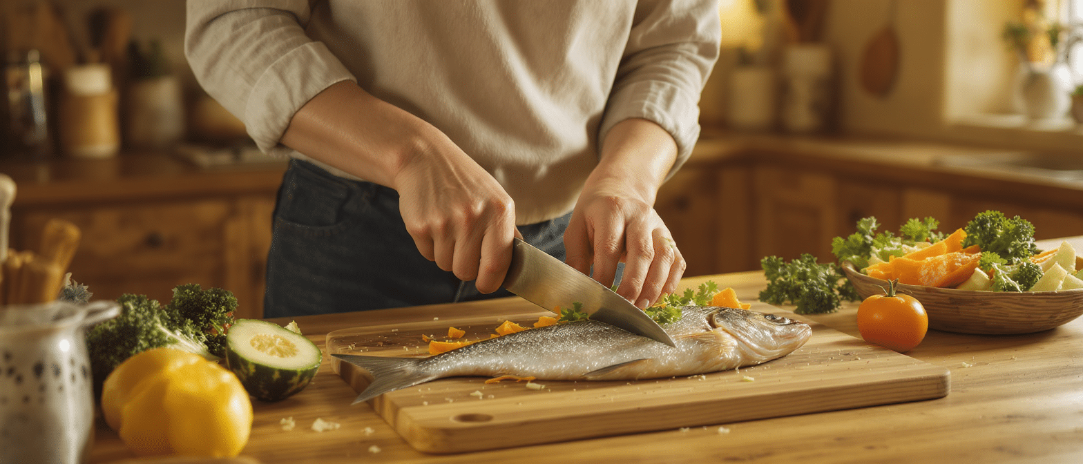 preparation-repas-anti-stress-poisson-legumes Préparation d’un repas sain avec un poisson frais et des légumes riches en nutriments.