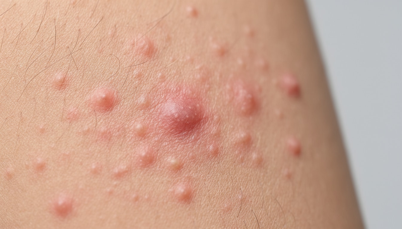 Gros plan sur une peau présentant de multiples boutons rouges et enflammés.