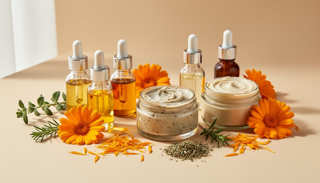 Produits naturels pour la peau, avec huiles, crèmes et fleurs de calendula disposés sur une table.