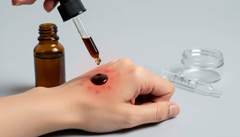 Application d’une huile foncée sur une main présentant une irritation cutanée rouge.