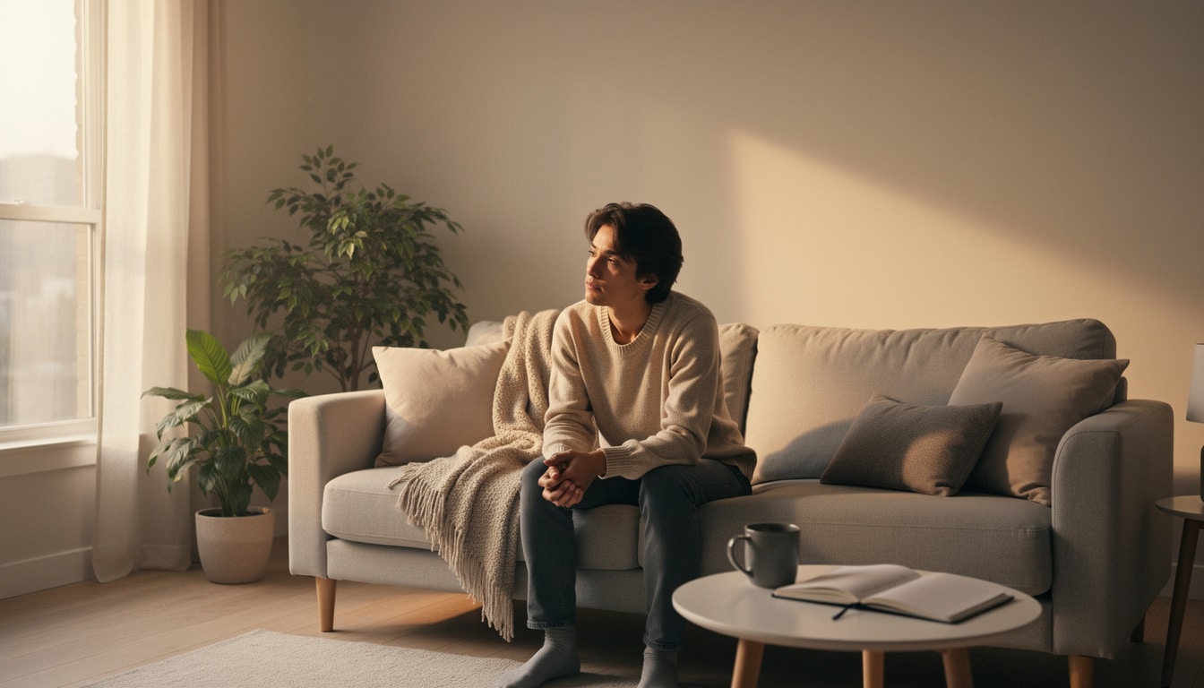 Personne assise sur un canapé dans un salon lumineux, regard tournée vers la fenêtre, dans une ambiance calme.