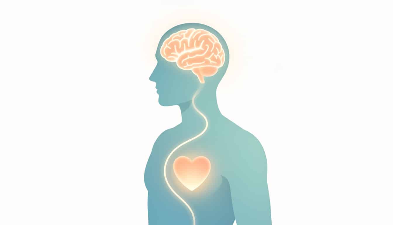 Schéma d’un corps humain stylisé montrant une connexion lumineuse entre le cerveau et le cœur.