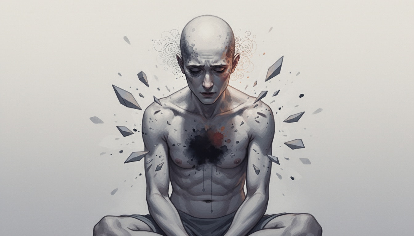 Illustration d’une personne assise, tête baissée, le torse fissuré avec des éclats symbolisant une rupture émotionnelle ou psychique.