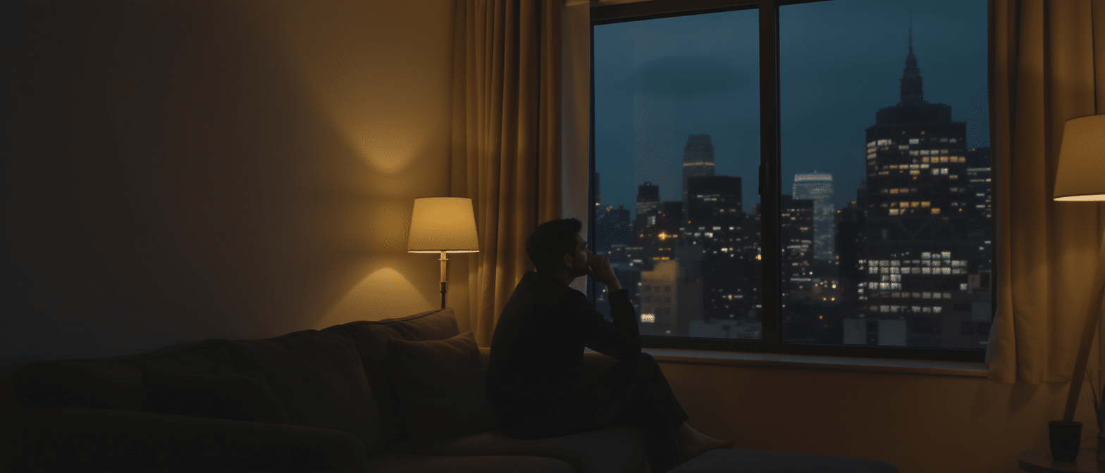 soirée-reflexion-appartement-vue-ville Homme assis dans un appartement faiblement éclairé, regardant la ville à travers une grande fenêtre au crépuscule.
