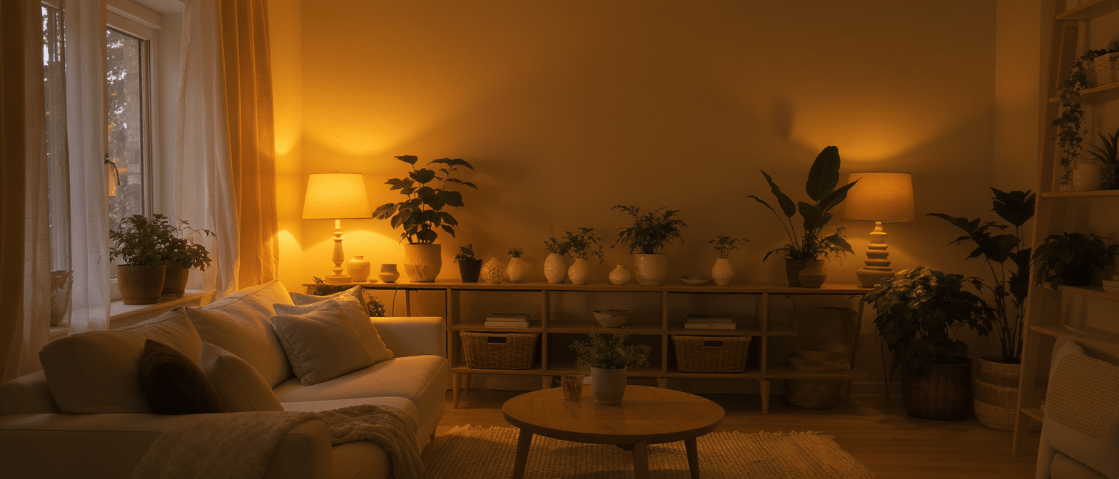 salon-cocooning-lumiere-tamisee-soir Salon cosy éclairé par des lampes chaudes, avec plantes, canapé clair et ambiance apaisante du soir.