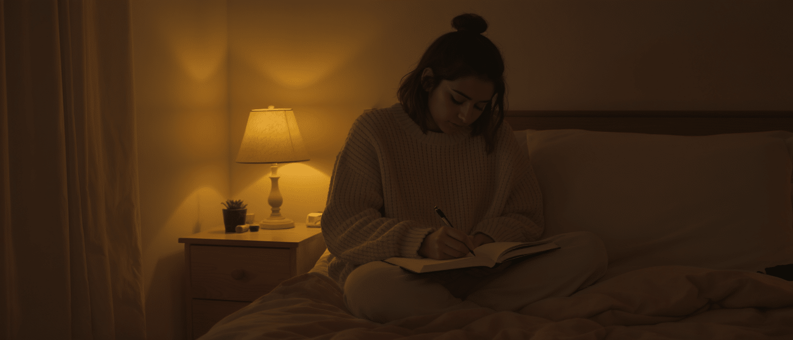 rituel-soir-journal-introspection-nuit. Femme écrivant dans un journal le soir, assise sur son lit, éclairée par une lampe chaude.