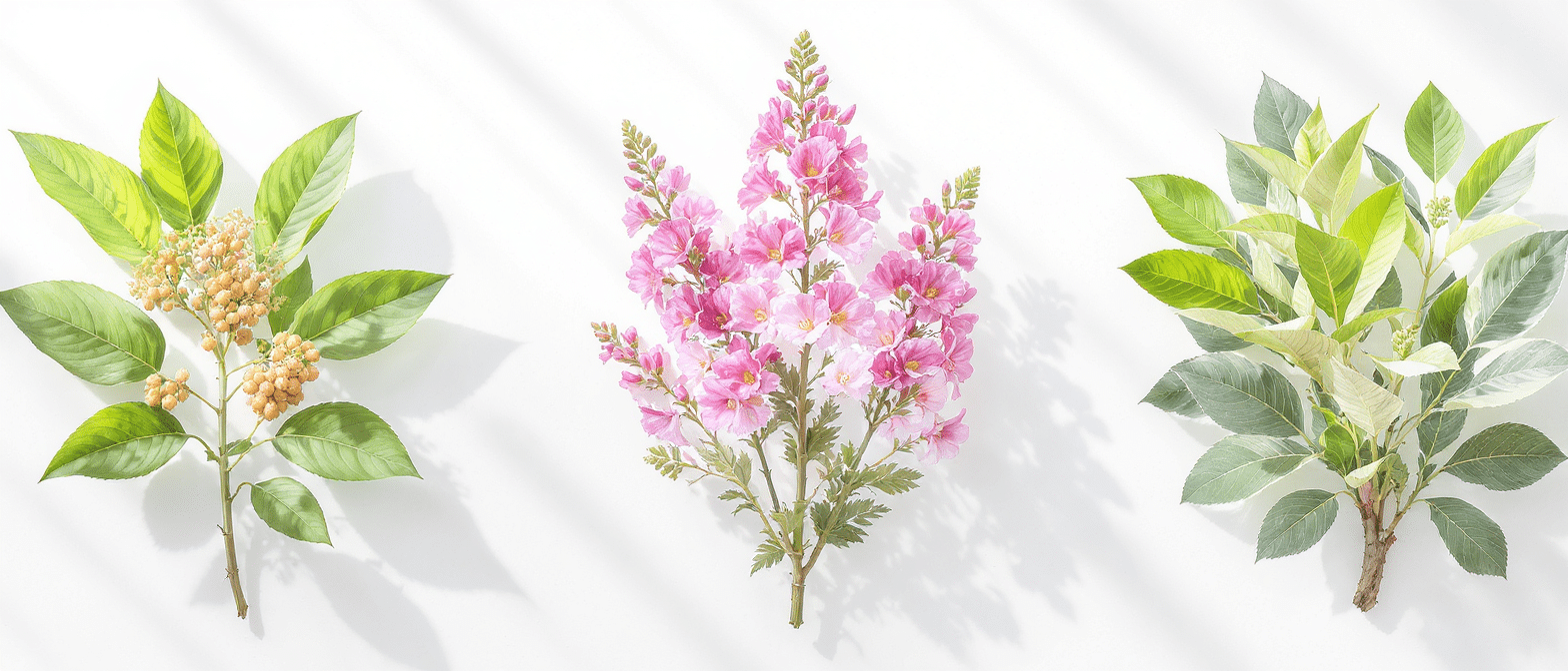 Trois plantes adaptogènes naturelles utilisées pour lutter contre la fatigue chronique : ashwagandha, rhodiola et ginseng.