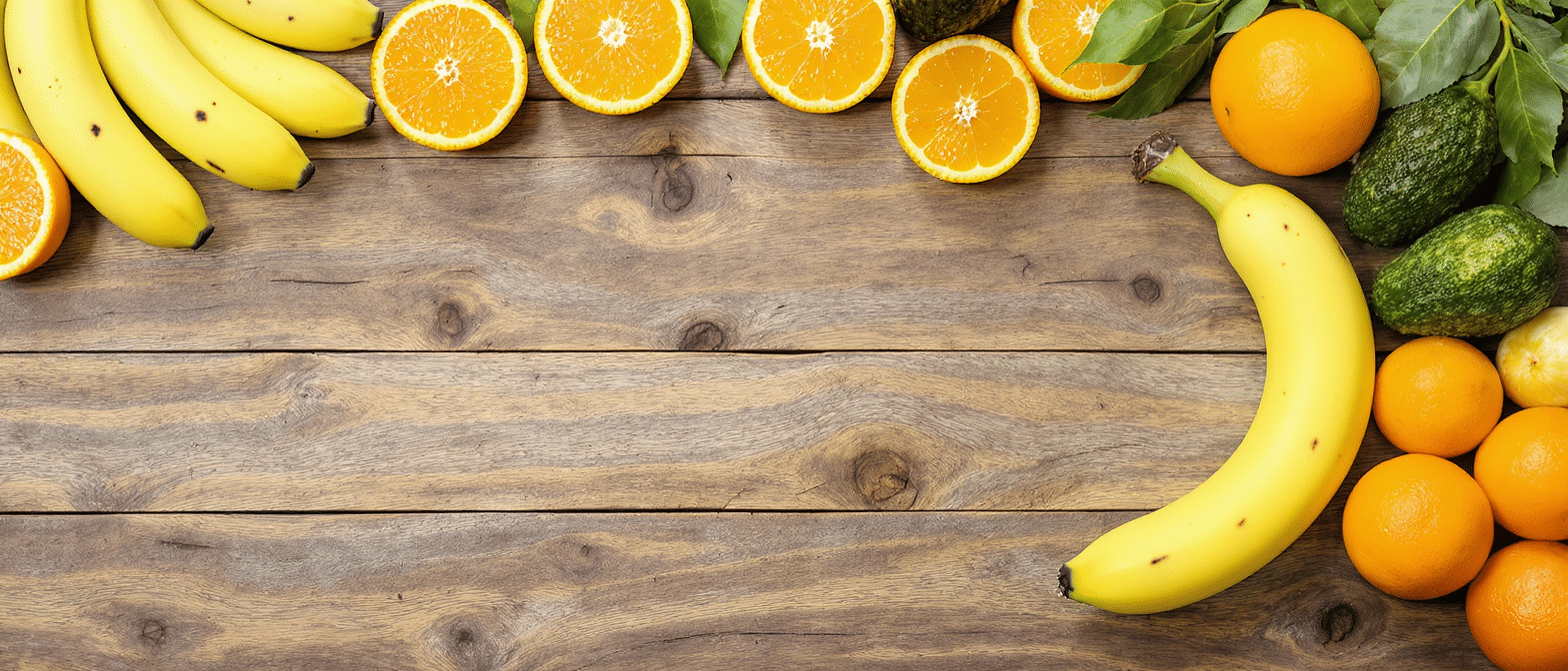 Bananes, oranges et avocats riches en potassium disposés sur une table en bois.