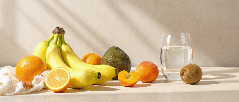 Fruits riches en potassium (bananes, orange, avocat, abricot, kiwi) disposés à côté d’un verre d’eau.