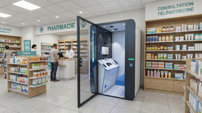 Cabine de téléconsultation Tessan installée dans une pharmacie, avec écran et instruments médicaux accessibles au patient.