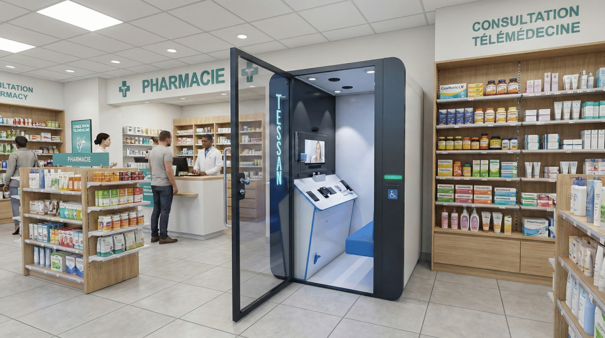 Cabine de téléconsultation Tessan installée dans une pharmacie, avec écran et instruments médicaux accessibles au patient.